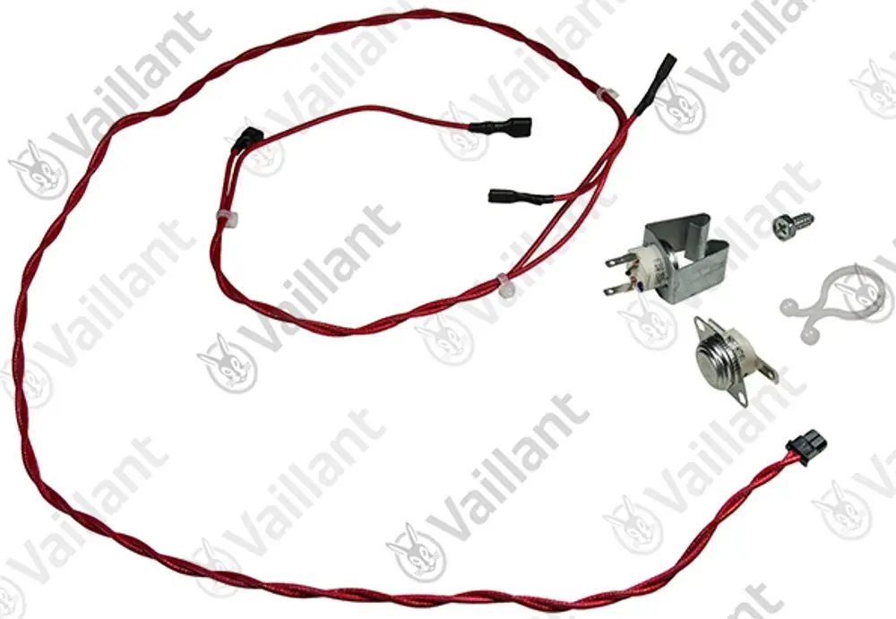Vaillant Sensor mit Kabel, bestehend aus mehreren Leitungen und Anschlüssen, montiert zusammen mit einem Kunststoffteil und weiteren Zubehörkomponenten.